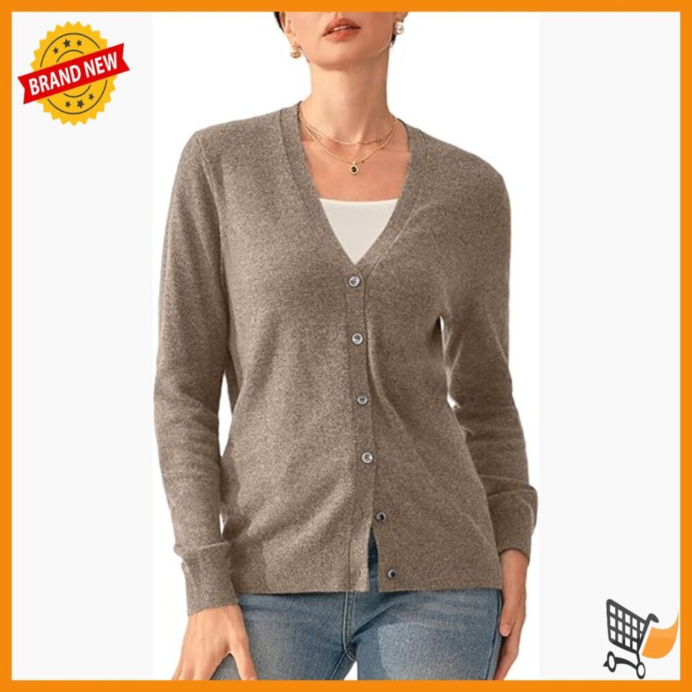 100% Cashmere V-Neck Cardigan Sweater Machine Washable Long Sleeve